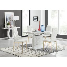 Renne Modern High Gloss Extendable Dining Table Set With 4 Quilted Faux Leather Dining Chairs