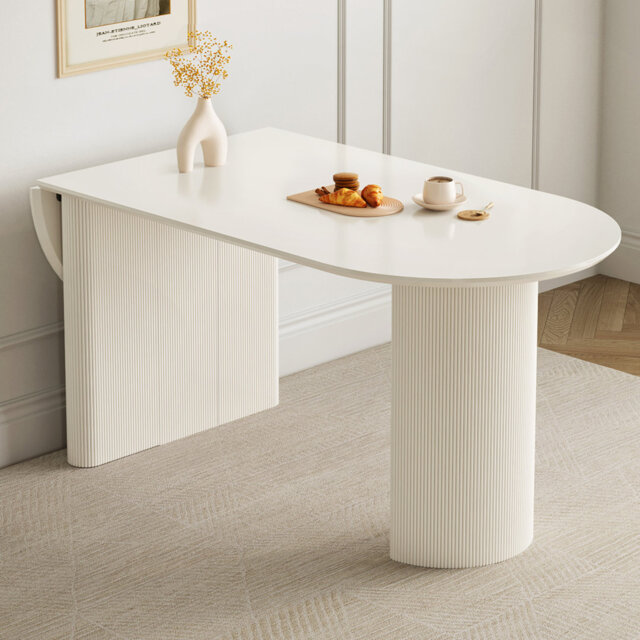 Extendable Drop-Leaf Dining Table with Fluted Pedestal Base, Cream , Table Only