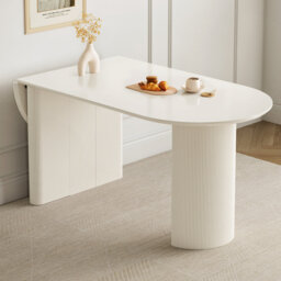 Extendable Drop-Leaf Dining Table with Fluted Pedestal Base, Cream , Table Only