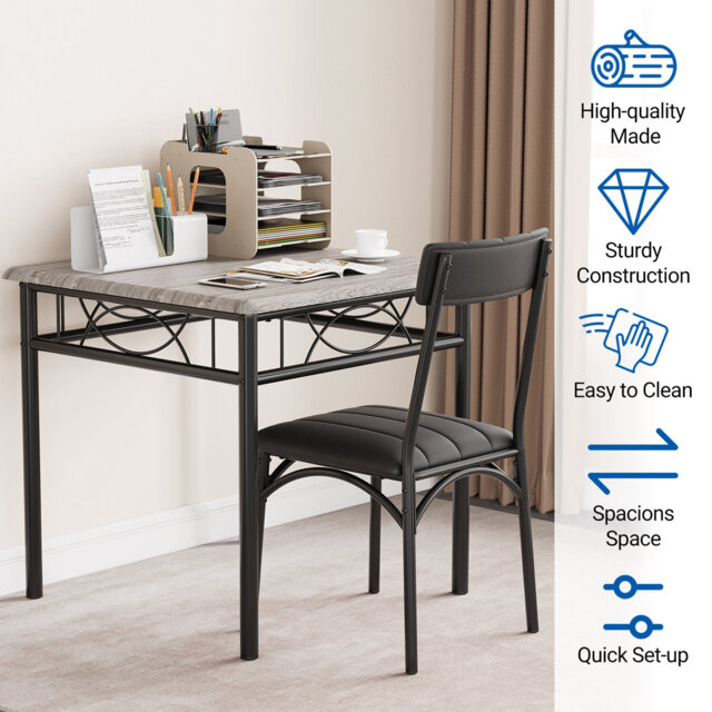 Space-Saving Dining Table Set for 2 with Round Corners - Sturdy Metal Frame Kitchen Table & PU Leather Seat Chairs - Upholstered Compact Set for Small