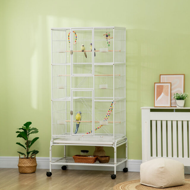 Large Bird Cage Budgie Cage 3 Tier Aviary Stand Wheels Shelf White