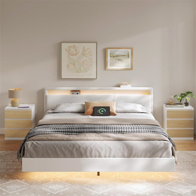 Bedside Table With Charging Station, Set Of 2, Side End Tables With 3 Drawers
