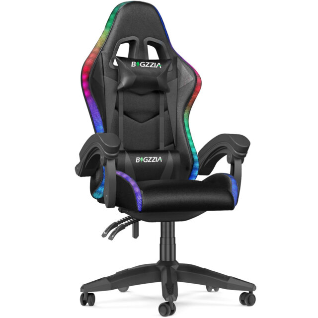 Reclining Gaming Chair with LED Lights and Headrest