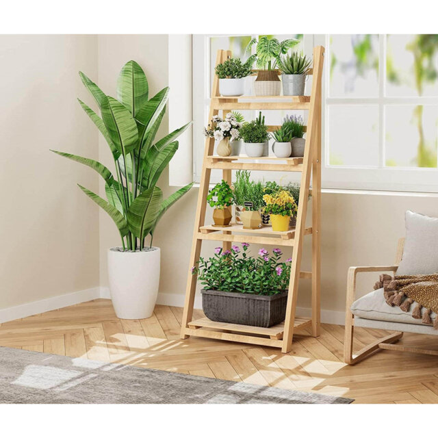Plant Stand, 4 Tier Wooden Ladder Shelf, Foldable Plant Stands