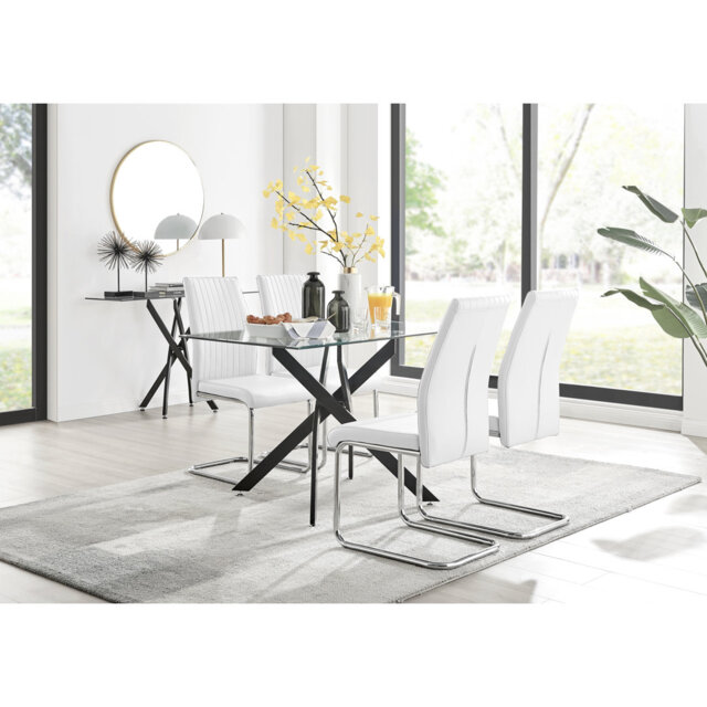 Lenworth Black Metal and Glass Rectangular Dining Table Set with 4 Upholstered Faux Leather Chairs