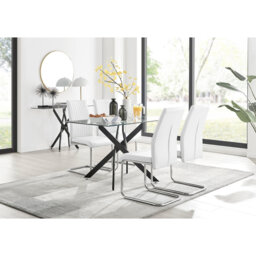 Lenworth Black Metal and Glass Rectangular Dining Table Set with 4 Upholstered Faux Leather Chairs