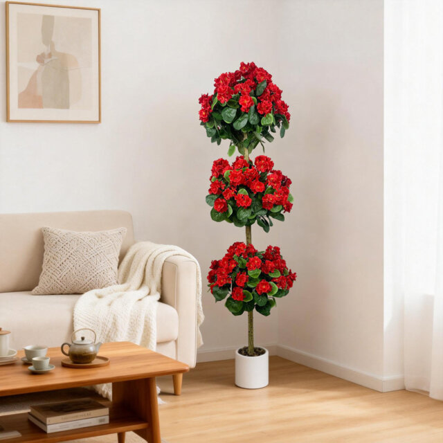 150cm Artificial Geranium Triple Ball Topiary Tree, Faux Silk Flower Plant with White Decor Pot, UV Resistant Indoor & Outdoor Home Wedding Office Dec