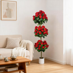 150cm Artificial Geranium Triple Ball Topiary Tree, Faux Silk Flower Plant with White Decor Pot, UV Resistant Indoor & Outdoor Home Wedding Office Dec