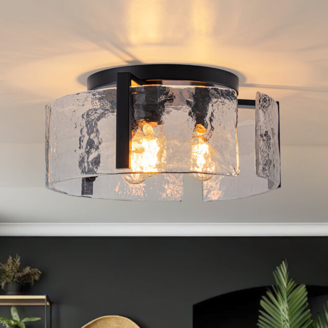 Industrial Modern 3-Light Rippled Glass Drum Semi-Flush Mount Ceiling Light