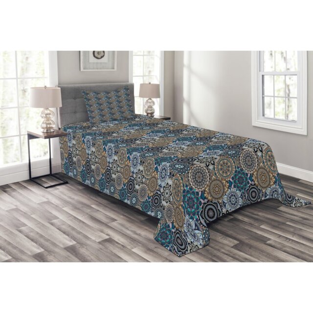 Adilyn Blue/Yellow Microfibre Bedspread Set