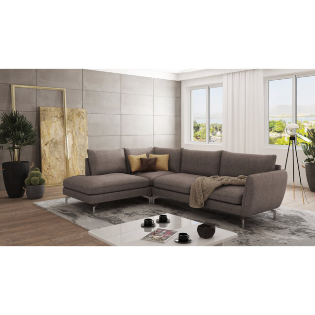 Modern L-Shape Corner Sofa with Silver Metal Legs