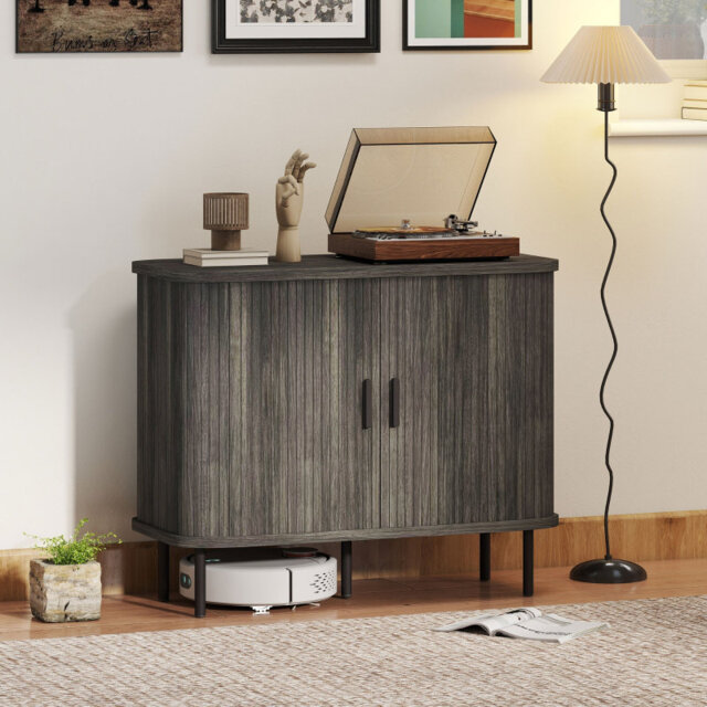 Gray louvered door sideboard with steel legs, mid-century modern style storage cabinet