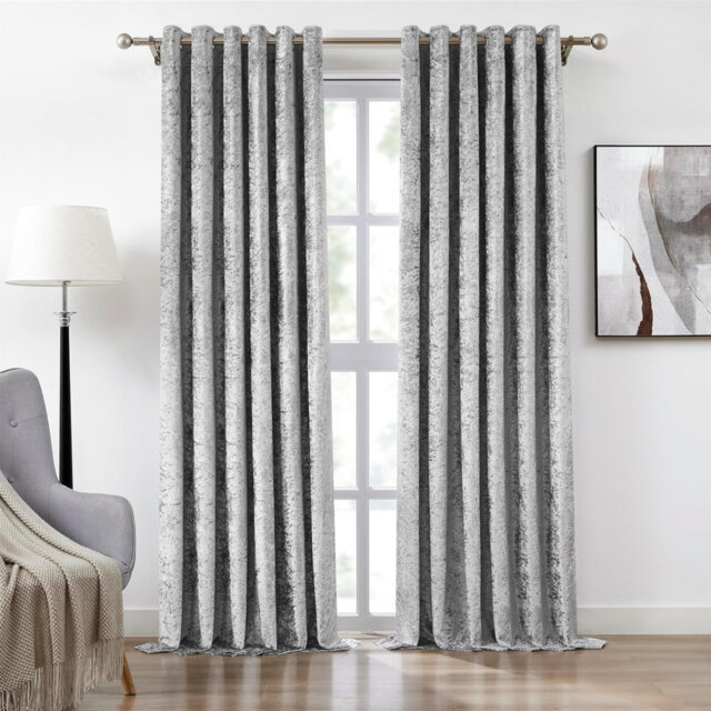 Silver Full Blackout Curtains 90 inch Eyelet Crushed Velvet 2 Panels Grommet Top W 90 x L 90