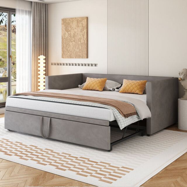 Pull-Out Upholstered Sofa Bed 90/180×200 Cm With Slatted Base, Multifunctional Bed In Skin-Friendly Velvet Fabric