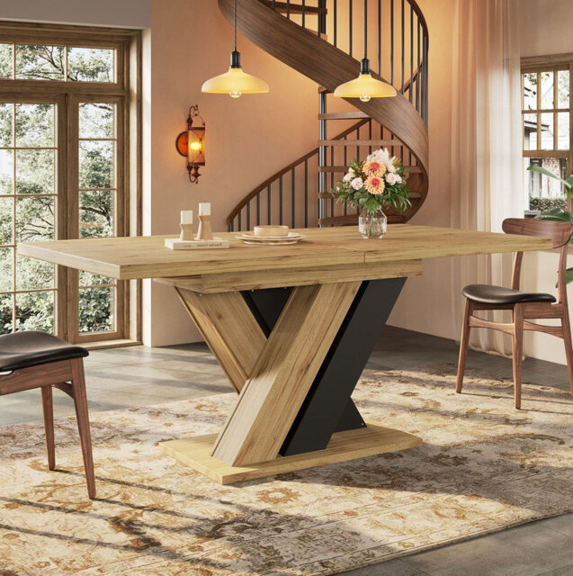 Wood-Colored Telescopic Extendable Dining Table with X-Shaped Legs, Expands 119-158.5cm via Internal Insert Panels, Multi-Purpose Kitchen and Living R