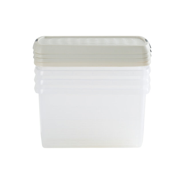 Wham Clip 4x 7L Rectangular Plastic Storage Boxes with Secure Clip Lock Lids. L:39 x W:24 x H:10.5cm Clear/Green Milieu/Stone