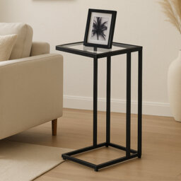 Tempered Glass C Shape Metal Side Table Black