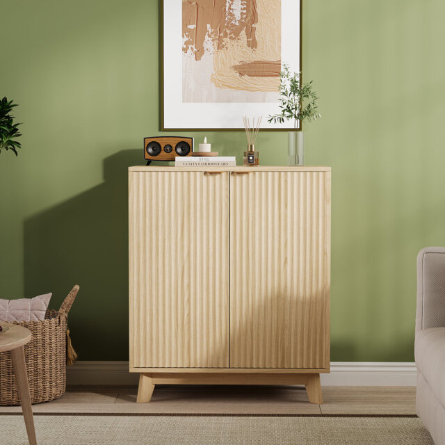 Modern Fluted Sideboard Cabinet – Walnut Storage Console with Adjustable Shelves & Gold Handles for Living Room, Dining Room, Kitchen, Hallway, Entryw