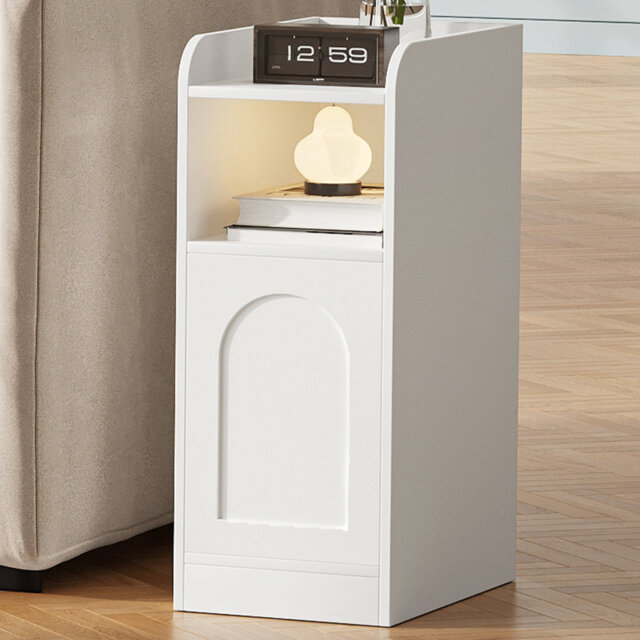Slim Bedside Tables Set of 2 with Cabinet, Narrow Side End Table with Reversible Door, Bedside Cabinet with Adjustable Shelves, Nightstand for Bedroom