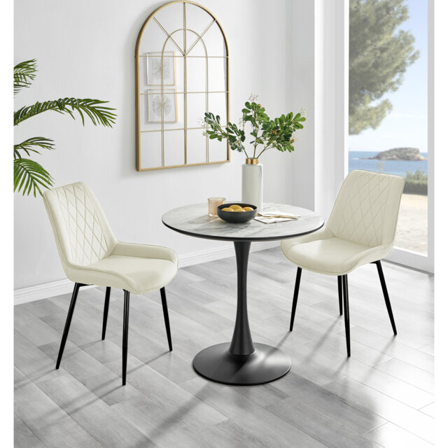Ellis White Marble Effect Melamine Round Dining Table Set with 2 Luxury Velvet Dining Chairs