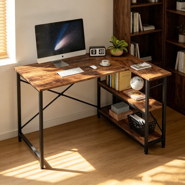 L-Shaped Desk (120 or 140cm x 90cm) Corner Desk with Adjustable Shelves by Aliff
