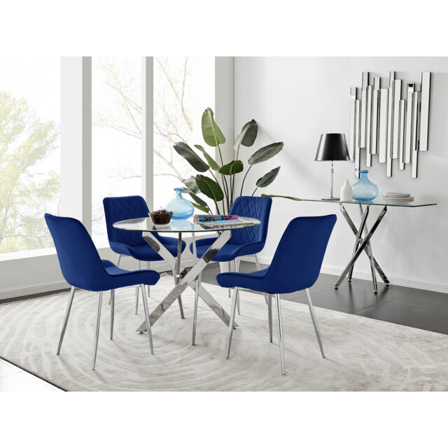 Tierra Modern Metal & Glass Round Dining Table Set with 4 Luxury Velvet Dining Chairs