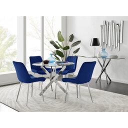 Tierra Modern Metal & Glass Round Dining Table Set with 4 Luxury Velvet Dining Chairs