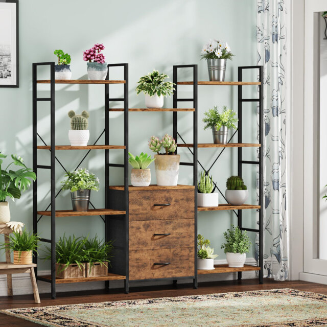 Tall Bookcase With Drawers, Book Shelf Unit, Wide And Large Bookshelf Storage Unit For Living Room Garden Bedroom Home, Industrial Wood Open Shelves