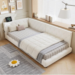 3ft Daybed With L Shape Headboard Velvet Beige