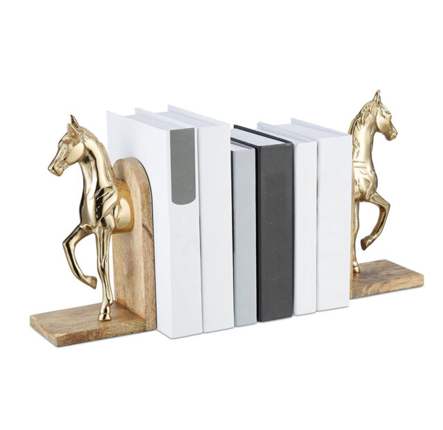 Set of 2 Horse Figure Bookends - Elegant Decorative Book Holders with Natural/Gold Aluminium Design