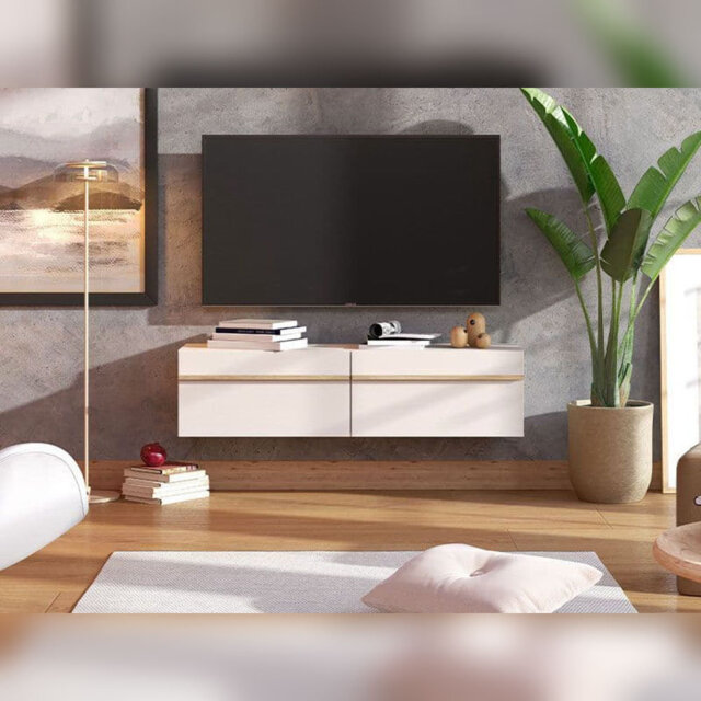 Elara Tv Stand Cabinet Unit Wall Mounted Floating Modern With Cashmere And Oak Effect 128cm Wide Design