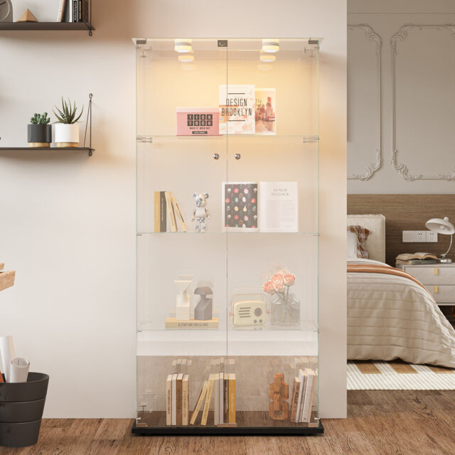 4-Tier LED Glass Display Cabinet with Lockable Door, Curio Display Case for Collectibles, Books, Figurines and Home Décor