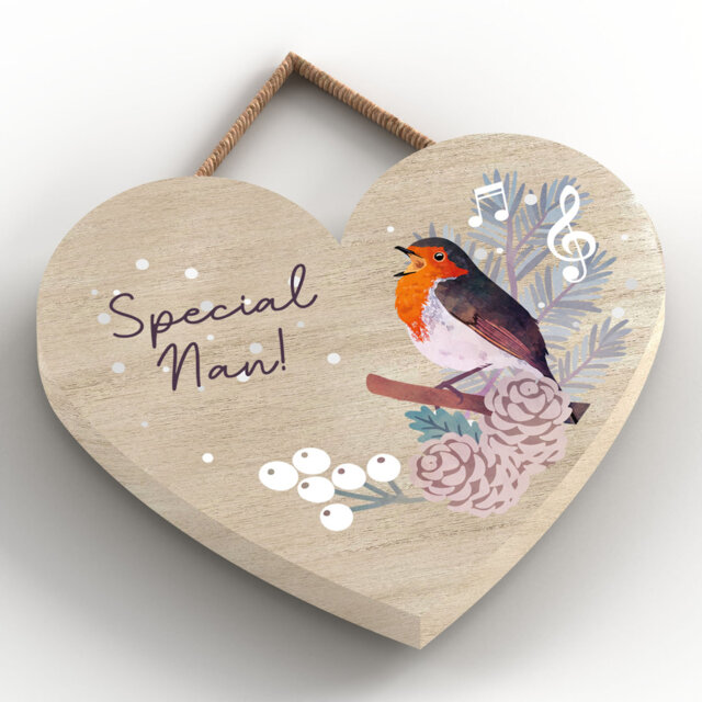 Special Nan Festive Robin Christmas Heart Wooden Plaque Vivid Squid Wholesale Wall Decor