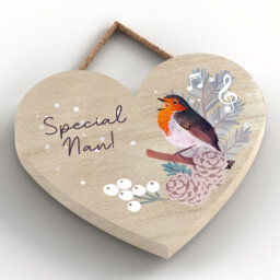 Special Nan Festive Robin Christmas Heart Wooden Plaque Vivid Squid Wholesale Wall Decor