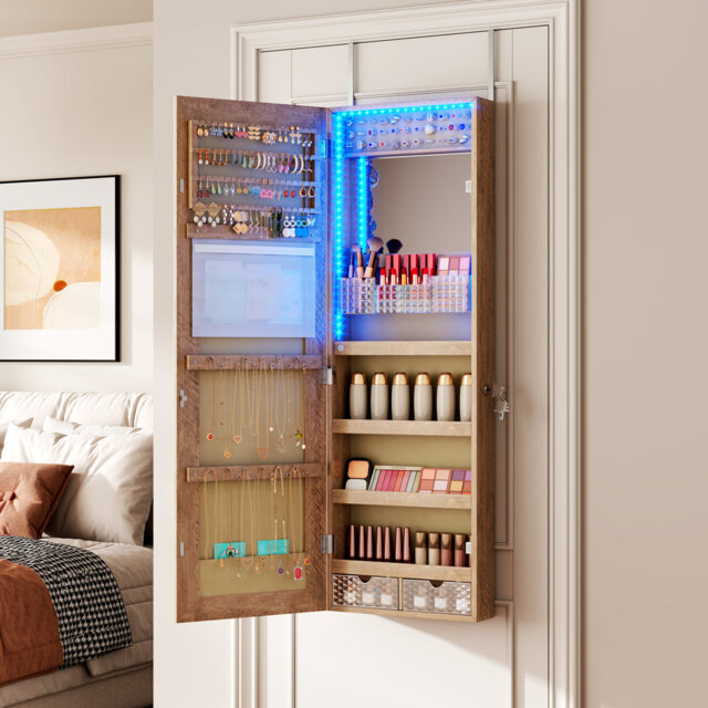 Jewelry Cabinets with Mirror and LED Lights, Door Hanging/Wall Mounted Jewelry Armoire