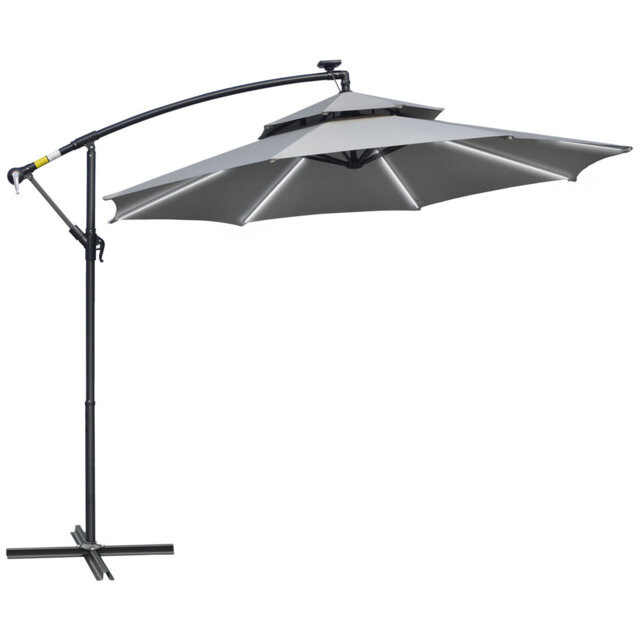 3m Light Grey Cantilever Parasol, Double Roof Banana Hanging Umbrella With Solar Led Lights, Crank Handle, 8 Ribs And Cross Base For Patio Garden