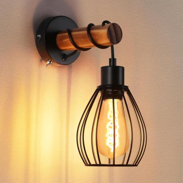 Retro Wooden Wall Light, Suitable for Living Room: Wall light with switch, black industrial style design, E27 metal wall light, retro bedside lamp, su