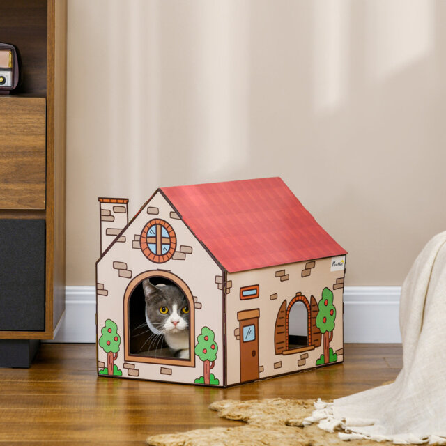 Cat House Scratcher Recyclable Cardboard with Catnip Red Roof