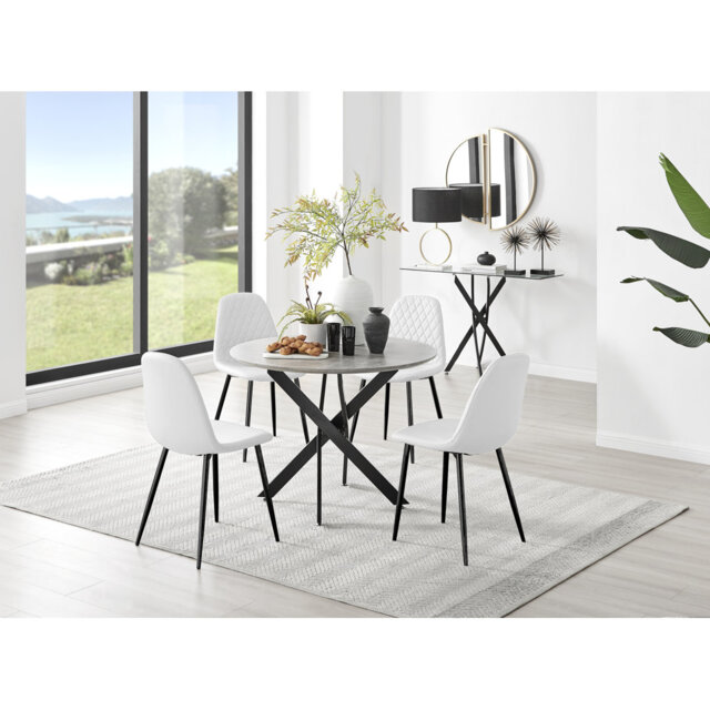 Tierra Modern Chrome Metal & Glass Round Dining Table Set with 4 Luxury Faux Leather Chairs