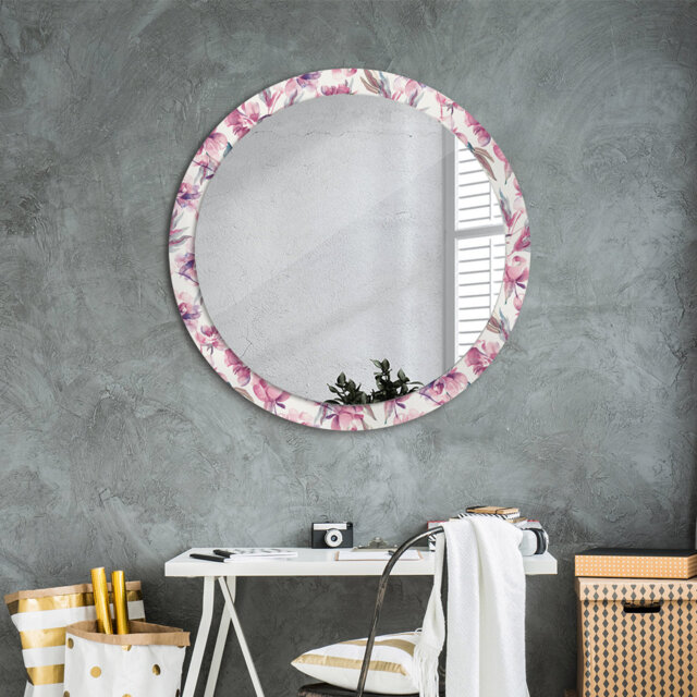 Huldar Round Glass Framed Wall Mounted Accent Mirror in Pink/White/Grey