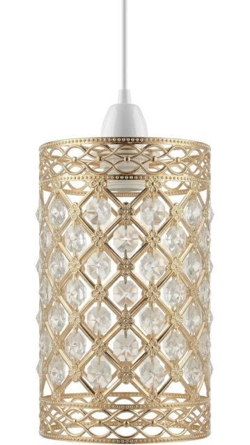 Sun Flower French Gold Crystal Pendant Light Shade, Jewels Modern Easy Fit Round Drum Pendant Lampshade Crystal Ceiling Light for Kitchen