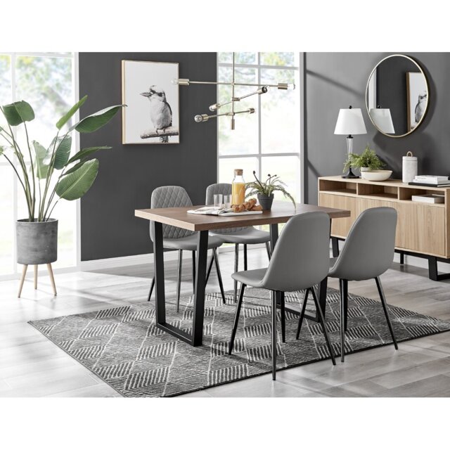 Kylooe Modern Brown Wood And Black Metal Dining Table Set With 4 Luxury Faux Leather Dining Chairs