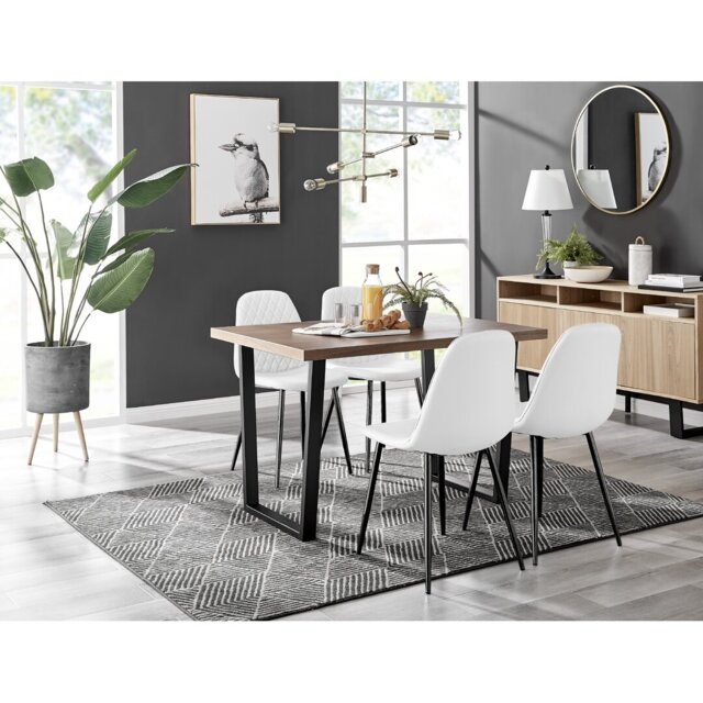 Kylooe Modern Brown Wood And Black Metal Dining Table Set With 4 Luxury Faux Leather Dining Chairs