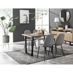 Kylooe Modern Brown Wood And Black Metal Dining Table Set With 4 Luxury Faux Leather Dining Chairs