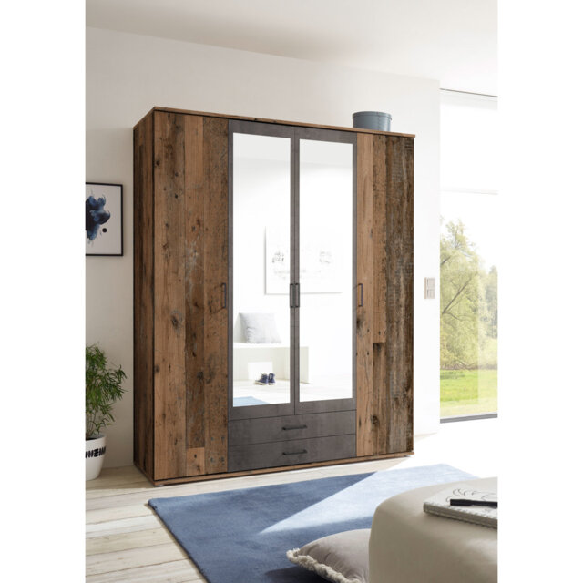 4-Door Mirrored Wardrobe 159cm Old Style Dark & Grey Oxide â Sleek Storage with Industrial Elegance