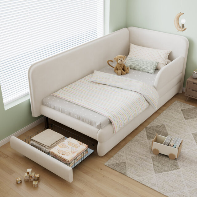 Upholstered Single Bed Frame with Footboard Drawer and Side Rails, 3ft 90x190cm Velvet and Plywood Bed for Bedroom, Beige