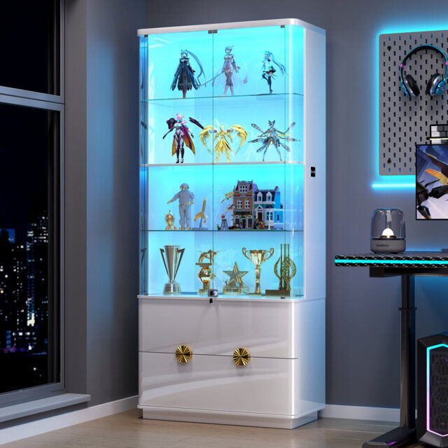 Office Display Cabinet with LED Light & Lockable Glass Doors, Tall Curio Cabinet with 2 Drawers