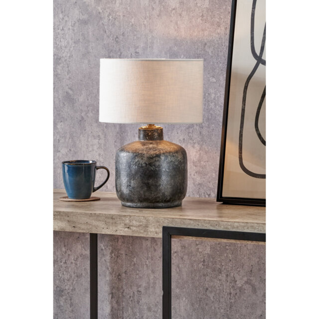 Vulcan Textured Volcanic Effect Grey Small Stoneware Table Lamp Base with Harry 30cm Black Cotton Mix Cylinder Lampshade