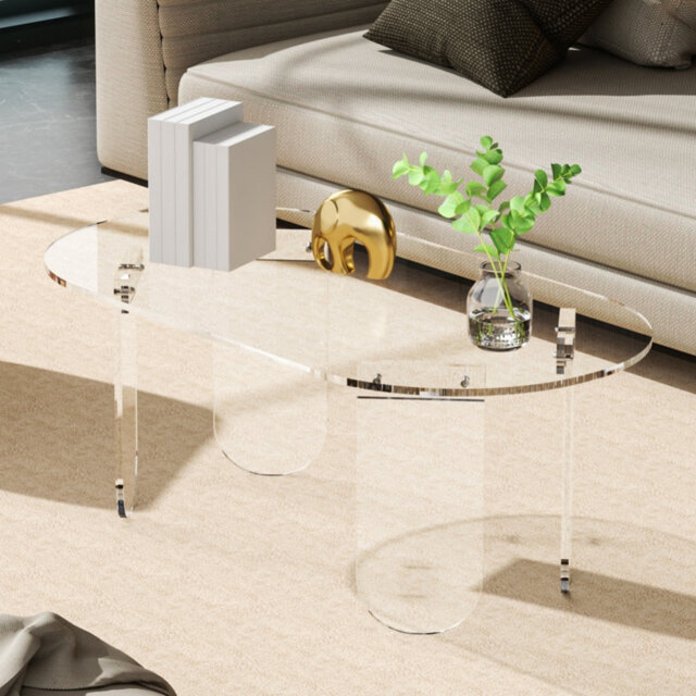 Modern Premium Clear Acrylic Coffee Table Oval Transparent Accent End Table Sofa Side Area Furniture With Pvc Cover & 4 Legs For Living Room, Office D
