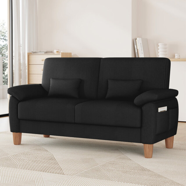 180cm corduroy 2-seater sofa with solid wood frame, spring seat cushion and two throw pillows